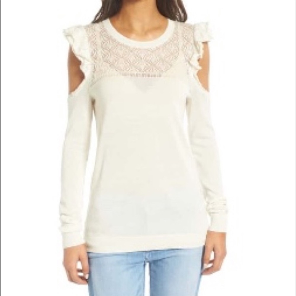 Hinge Ruffle Cold Shoulder Sweater Cream Size Medium. Like New.